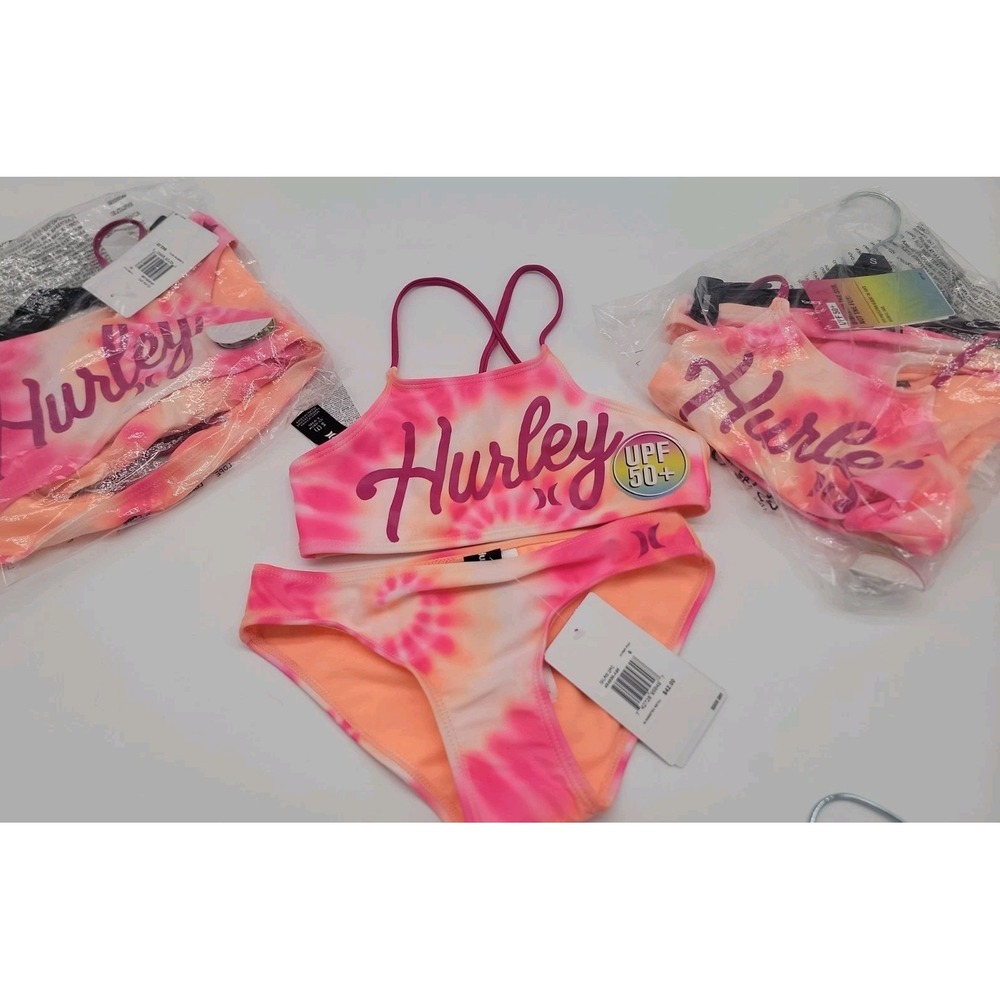 Lot Of 3 Hurley Girls Flounce Bikini 2-Piece Swimsuit Swimwear Hyper Pink New!